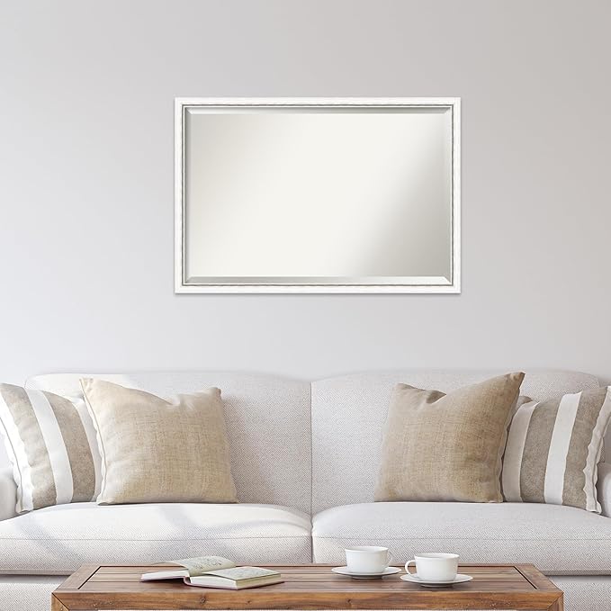 Amanti Art White Bathroom Mirror for Over Sink, 26x38 Morgan White Silver Rectangle Vanity Mirror, Large Modern Contemporary Wood Frame, Hangs Horizonally and Vertically, Bathroom Wall Decor, Beveled