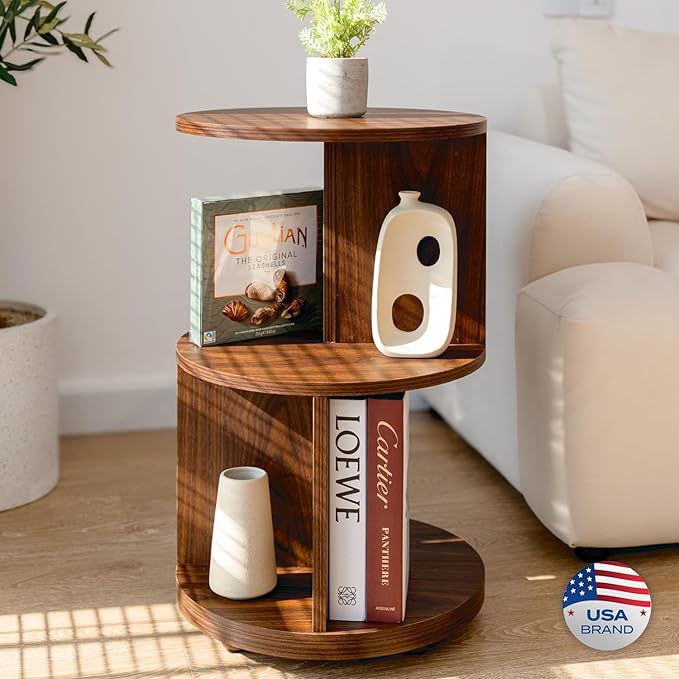 KAYMILY Living Room Side Table, Office Round Bookshelf End Table, Bedroom Mid Century Modern Nightstands, Contemporary Accent Tables - Easy Assembly - MDF Wood - Stationary - Walnut