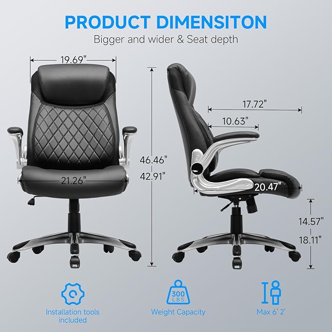 COMHOMA Big and Tall Office Chair, High Back Leather Executive Chair with Pocket Spring Lumbar Support and Flip-up Armrests, Swivel Managerial Office Chair with Adjustable Height， Black