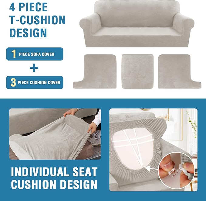 H.VERSAILTEX Sofa Cover 4 Piece T Cushion Sofa Slipcovers Thick Velvet Couch Cover Stretch T Cushion Sofa Covers for 3 Cushion Couch with 3 Individual T Cushion Covers Washable, Oatmeal