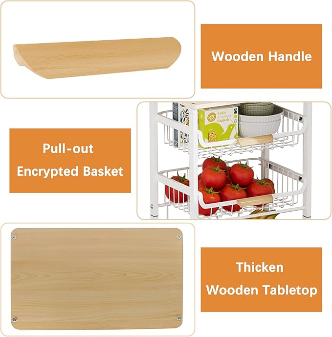 5-Tier Pull-Out Kitchen Storage Cart on Wheels, Fruit Basket, Bedroom Kitchen Organizer, White, 17x11.9x33.66 inches