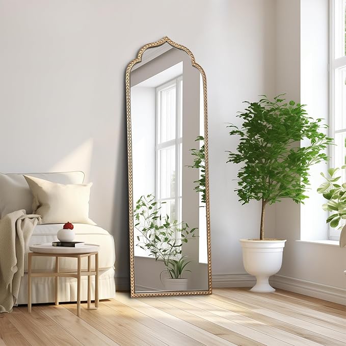 Large Gold Arched Mirror, 21"x64" Arch Standing Floor Mirrors for Dressing, Metal Beaded Frame Vintage Mirror, Scalloped Full Length Mirrors for Living Room Bedroom Hallway Entryway
