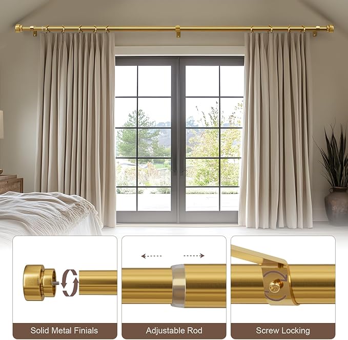 Modern Gold Curtain Rods for Windows 72 to 144 Inches Adjustable Length Heavy Duty 1" Diameter Brass Window Curtain Rod with Solid Metal Finials for Outdoor Farmhouse Bedroom Kitchen Living Room