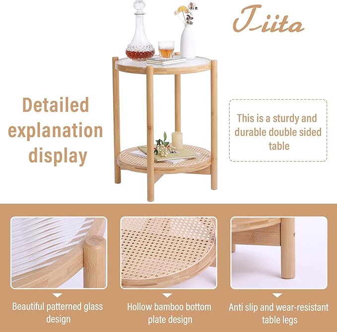 Tiita Rattan Coffee Table, Round End Table, 19.7Inch Modern Side Table, Small Bamboo Living Room Side Table, Glass Sofa End Table for Balcony and Office Outdoor/Indoor (Wood)