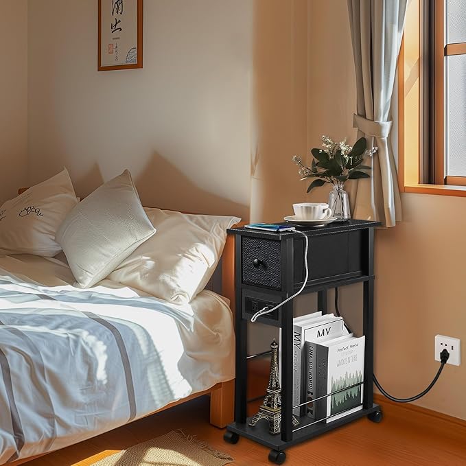 Side Table with Charging Station and Drawer, Narrow End Table with USB Ports and Outlets for Small Space, Living Room, Bedroom and Office, with 4 Wheels (1, Black)