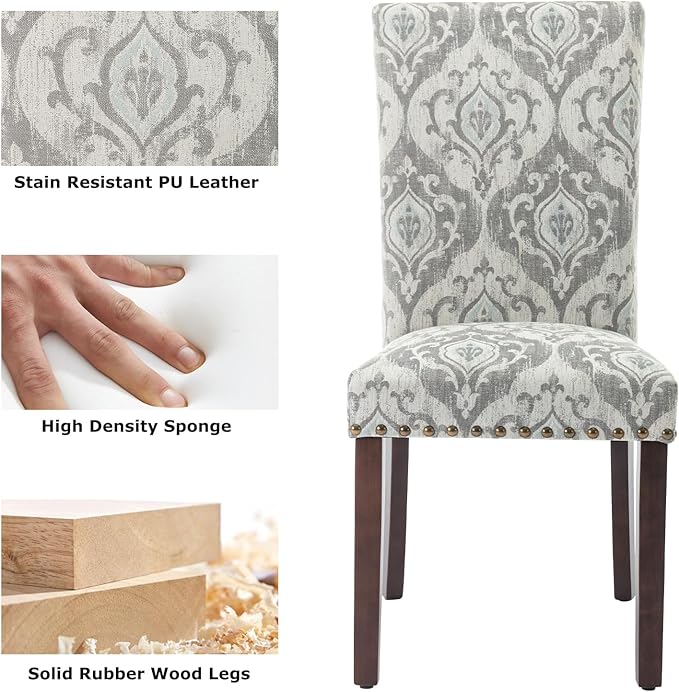 COLAMY Upholstered Parsons Dining Chairs Set of 4, Fabric Dining Room Kitchen Side Chair with Nailhead Trim and Wood Legs - Grey/White Flower