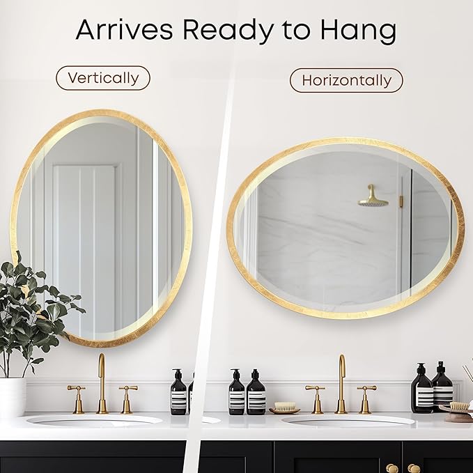 OVALCREST - Oval Wooden Beveled Wall Mirror for Home Decor, Bathroom, Vanity, Bedroom, Living Room, Hallway - London Style (Gold Leaf) 13.1 x 17.1