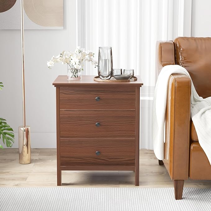 KOMFOTT 3 Drawers Nightstand, Wooden Bedside Table, Modern Sofa Side End Table, Space-Saving Telephone Table, Chest of Drawers for Living Room, Bedroom & Office (1, Walnut)