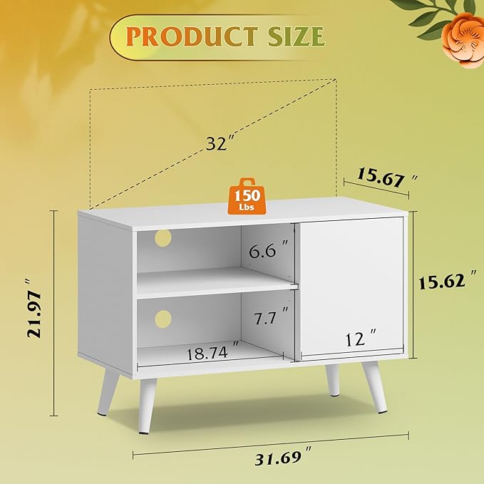 WLIVE TV Stand for 40 Inch TVs, Small Entertainment Center with Storage Cabinet, Mid-Century Modern TV Stands for Living Room and Bedroom, 32" TV Console, White
