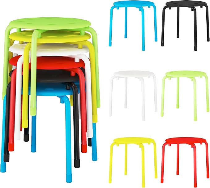 VECELO Stackable Stools for Classroom, 12" Height Plastic Portable Stacking Stool Chairs with Non-Slip Foot Mats for School Daycare Kindergarten Living Room (6 Pack)