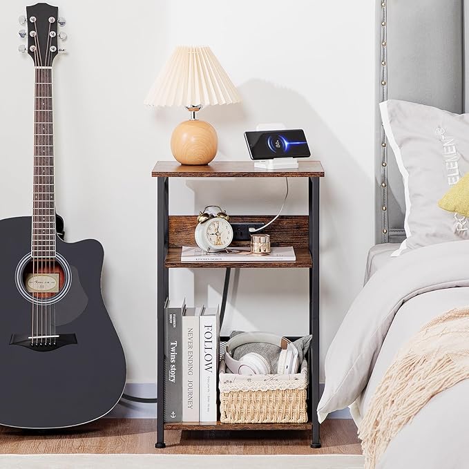 AMHANCIBLE Record Player Stand with Charging Station, Turntable Stand with Storage Cabinet, 3 Tier End Table Hold Up to 100 Albums, Record Table for Vinyl, Living Room, Rustic Brown, HETCD01BR-1