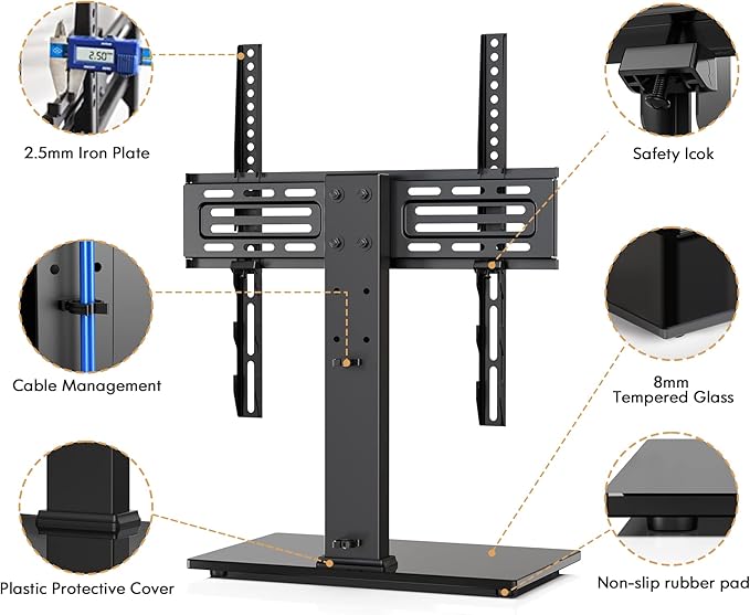 FITUEYES Universal TV Mount Stand Table Top TV Stand for 27-55 inch TVS Height Adjustable TV Stand Mount, Glass Base, Black