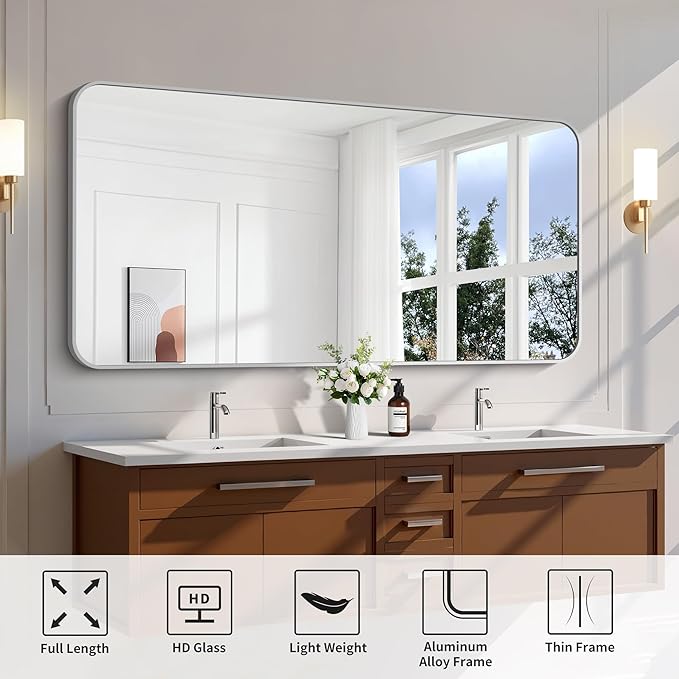 FORBATH 30x60 Inch Silver Bathroom Mirror for Over Sink, Large Rectangular Wall Mirror with Metal Frame, Rounded Corners for Bathroom, Bedroom, Entryway Decor (Horizontal or Vertical)