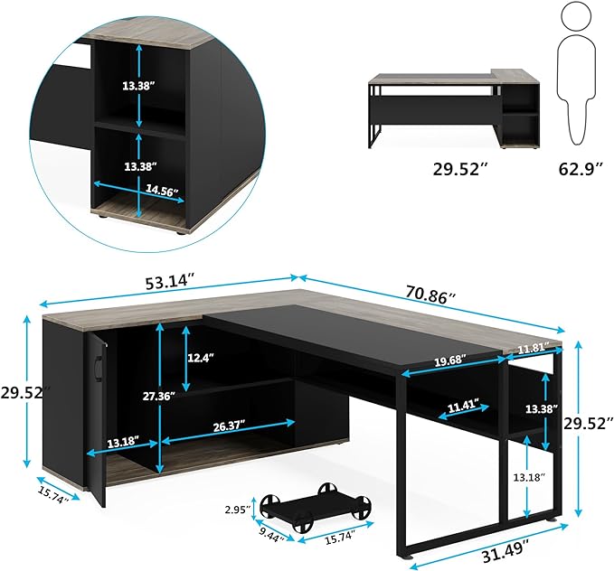 Tribesigns 71 inch Executive Desk, L Shaped Desk with Cabinet Storage, Executive Office Table with Shelves, Business Furniture Set Workstation for Home Office, Gray