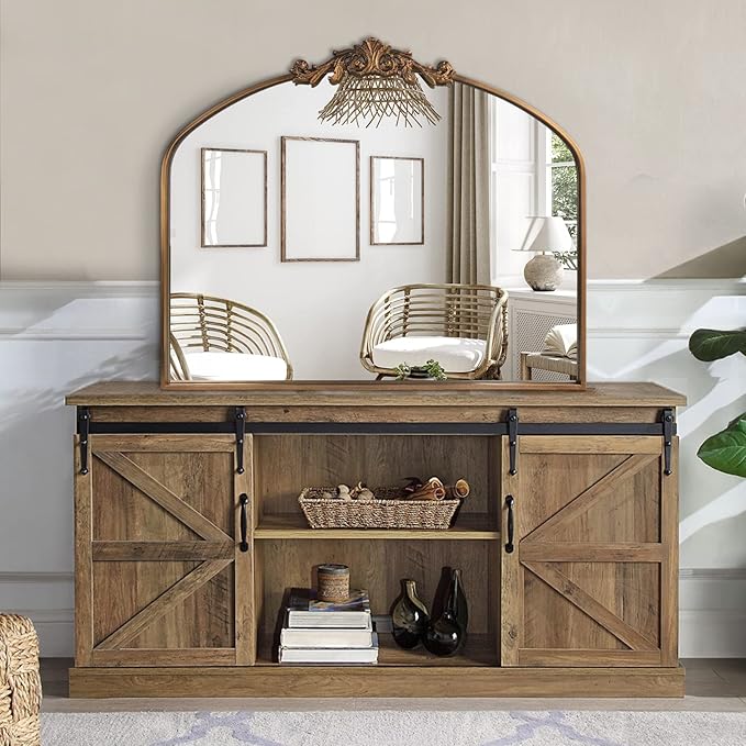 Gold Wall Mirror, Large Arched Vintage Baroque Ornate Mirrors, Traditional Decorative Antique Brass Mirror for Entryway Table, Living Room, Bedroom, Bathroom Vanity, Fireplace (30” x 36”)