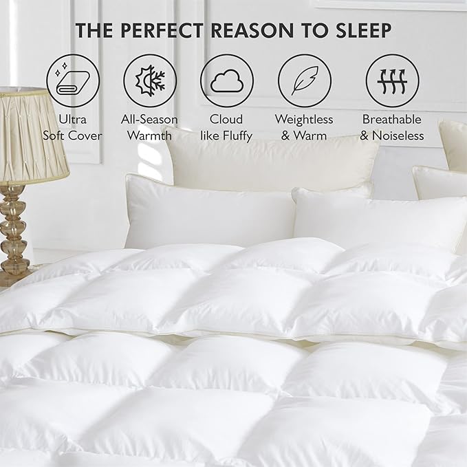 Luxurious White Solid Medium Weight, Queen Size Goose Feathers Down Comforter for All-Season Weather Duvet Insert, Premium Baffle Box, 100% Egyptian Cotton Cover, 60 oz. Fill Weight