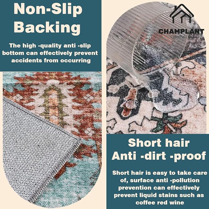 Green Area Rug 9'x12' Washable Vintage Traditional Mat Distressed Indoor Foldable Thin Retro Accent Floral Print Rug Non Slip Carpet for Living Room Dining Room Office