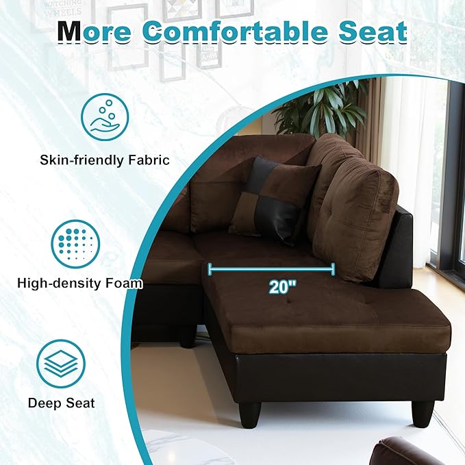 103.5" Oversized Sectional Couch, L Shaped Couch with Storage Ottoman, Modern Modular Sofa with Deep Seat, Sectional Couches for Living Room and Office, Brown (Lint and PVC)