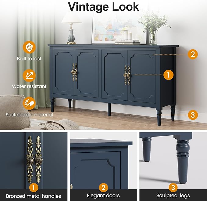 Console Cabinet, 58'' Mid Century Modern Pantry Cabinet, Wood Buffet Cabinet, Media Cabinet with 4 Doors, Accent Cabinet for Entryway, Living Room, Dining Room (Blue)