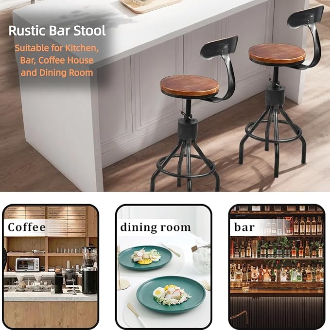 Set of 2 Vintage Bar Stool- Industrial Swivel Kitchen Dining Chair-Counter Height 23-33"-with Backrest