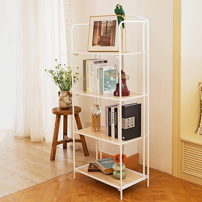 Crofy No Assembly Folding Bookshelf for Living Room, 4 Tier White Collapsible Book Shelf for Home Office, Portable Bookcase Storage Organizer