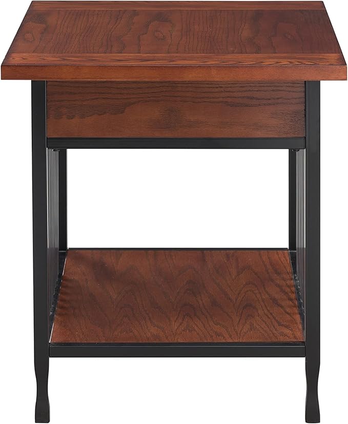 Leick Home Ironcraft Coffee Table, Solid Wood, 2 Drawers, 1 Display Shelf, Mission Oak, Black Steel, Easy Assembly, 46 in L x 22 in W x 20 in H, 11262