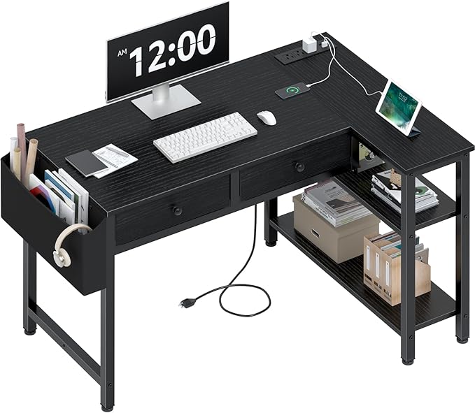 DLisiting Black Corner Desk for Small Space with Drawers, Reversible Gaming L Shaped Computer Desk with Storage Shelves for Kids Boys, Corner Work Study PC Desks for Bedroom