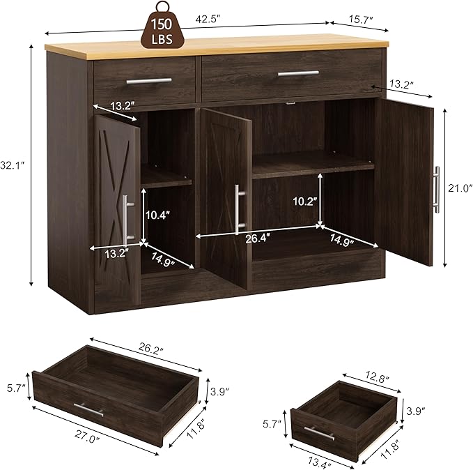 Shintenchi 3 Doors Farmhouse Sideboard Buffet Cabinet,42" Barn Doors Buffet Cabinet with Storage,Wood Coffee Bar Cabinet with Adjustable Shelf for Kitchen,Living Room,Brown