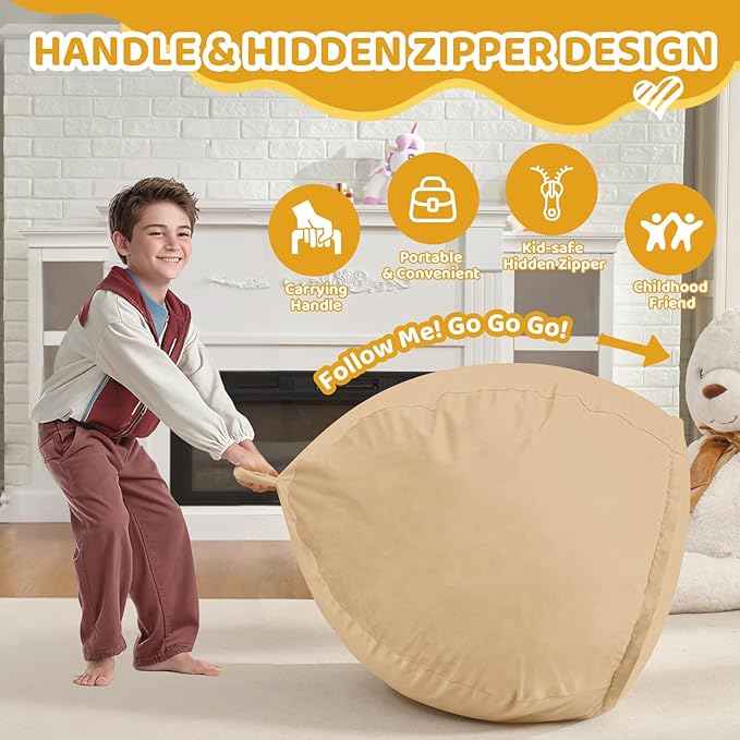 2FT Bean Bag Chair, Comfy Bean Bag Chairs with Memory Foam Filled, Fluffy Beanbag Sofa with Dutch Velvet Cover, Teardrop BeanBag Chairs for Living Room, Playroom - Khaki