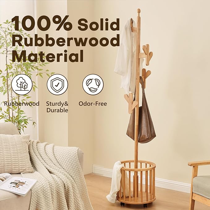 CozyDH Solid Wood Coat Rack Freestanding with Lockable 360° Rotary Casters, Coat Tree Stand with Umbrella Holder & Laundry Basket Storage & 12 Hooks, Natural