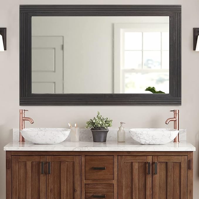 YOSHOOT Hand-Made Wooden Spliced Wall Mirror for Bathroom, Rustic Farmhouse Vanity Mirror, Décor Wall Art, Solid Wood Frame, Vertical or Horizontal Hanging