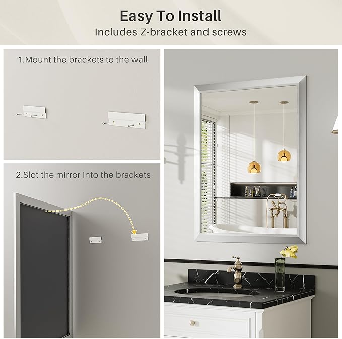 28x36 Inch Silver Bathroom Mirror for Wall, Thick Metal Framed Rectangle Mirrors for Over Sink, Bedroom, Living Room, Entryway, Anti-Rust, HD Tempered Glass