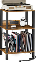 TUTOTAK Record Player Stand with Storage Up to 100 Albums，Record Storage Table,3 Tier End Table with Charging Station,Side Table for Living Room, Bedroom, Brown TB01BB076