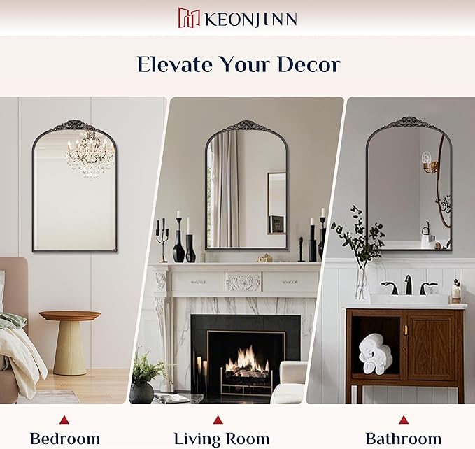 Keonjinn Vintage Arched Wall Mirror 30" x 36", Black Antique Mirrors with Metal Frame, Ornate Baroque Decoration for Mantle, Bathroom, Living Room, Fireplace, French Cleat Mounting