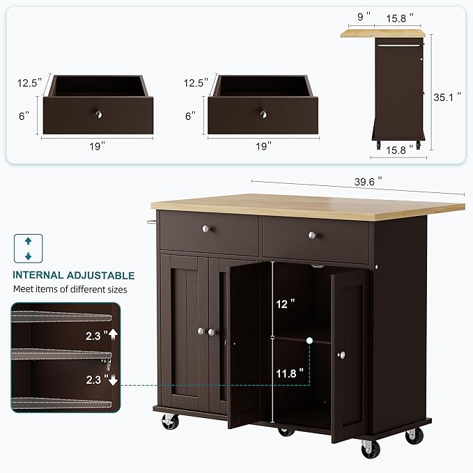Shintenchi Kitchen Island with Drop Leaf, Rolling Kitchen Cart with Storage on Wheels, Table Bar Cart for Kitchen with Towel Rack & Seating Area for Dining Room, Brown