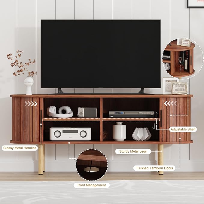 47.2" TV Stand, Modern TV Console Table with Storage Compartment and Sliding Door, Gaming Entertainment Center with Cabinet for Living Room, Bedroom, Office, Walnut