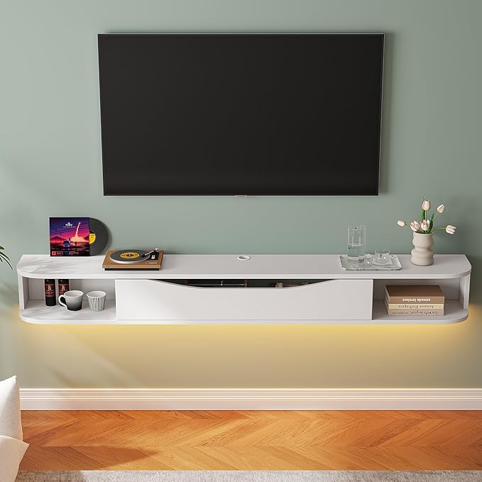 Floating TV Stand,55'' Wall Mounted TV Cabinet,Floating TV Console,Under TV Shelf with 1 Door and 2 Cabinets for TVs up to 65''(White)