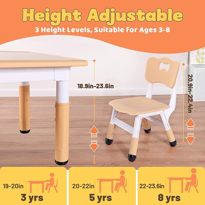 FUNLIO Kids Table and 2 Chairs Set for Ages 3-8, Height Adjustable Toddler Table and Chair Set, Easy to Wipe Arts & Crafts Table, for Classrooms/Daycares/Homes, CPC & CE Approved (3pcs Set) - Natural