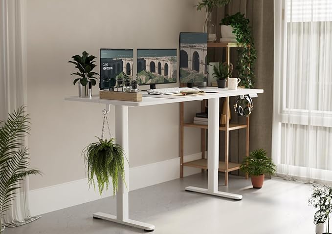 Claiks Electric Standing Desk, Adjustable Height Stand up Desk, 63x24 Inches Sit Stand Home Office Desk with Splice Board, White Frame/White Top