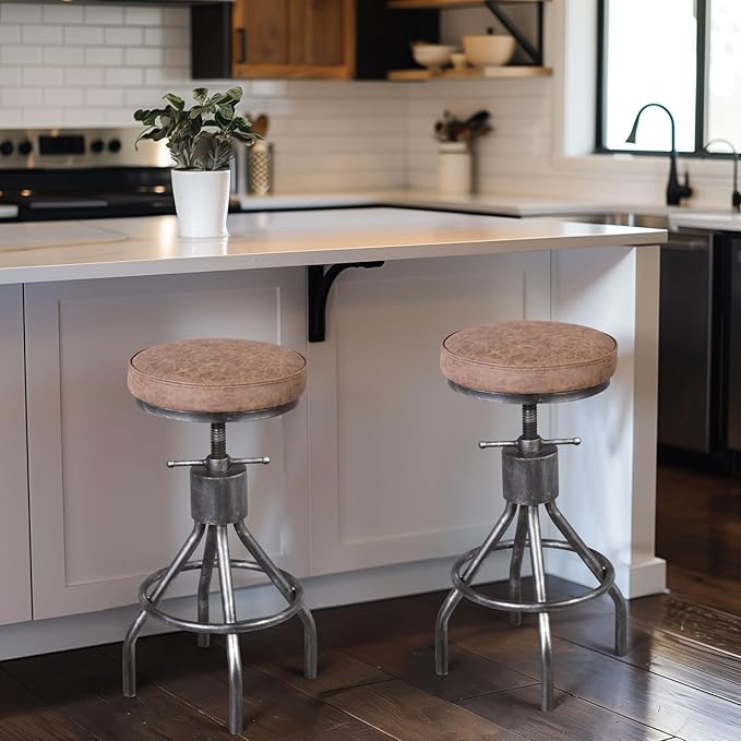 Industrial Bar Stools Swivel Pu Seat Vintage Kitchen Island Counter Stool 23-33inch Height Adjustable Rustic Shop Chair (Set of 2)