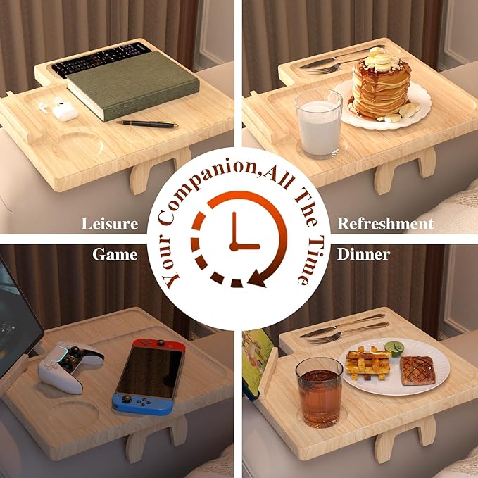 Bamboo Couch Arm Table with Remote Control Tray & Rotating Phone Holder,Non-Slip Clip Fits Sctional Sofa and Pillow,Foldable Armrest Tray Table for Couch,Durable Sofa Arm Table for Drinks and Dining
