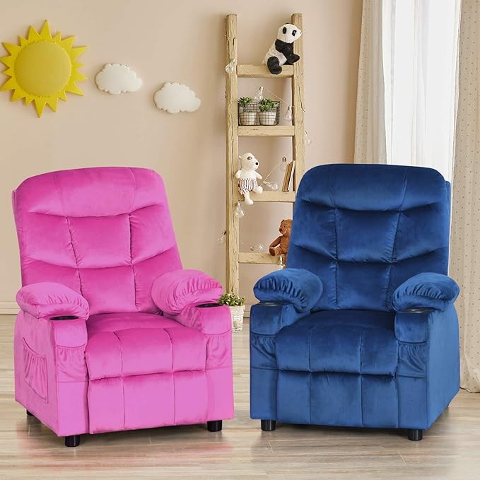 Costzon Kids Recliner Chair with Cup Holder, Adjustable Velvet Lounge Chair w/Footrest & Side Pockets for Children Boys Girls Room, Ergonomic Toddler Furniture Sofa Gifts, Kids Recliner (Blue)