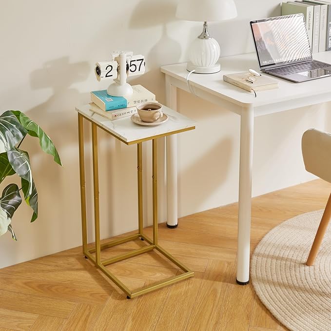Small Side Tables C Shaped, End Table, Small Table Stand for Living Room Bedroom, Little Bedside Table Faux Marble+Gold YD-TM051G
