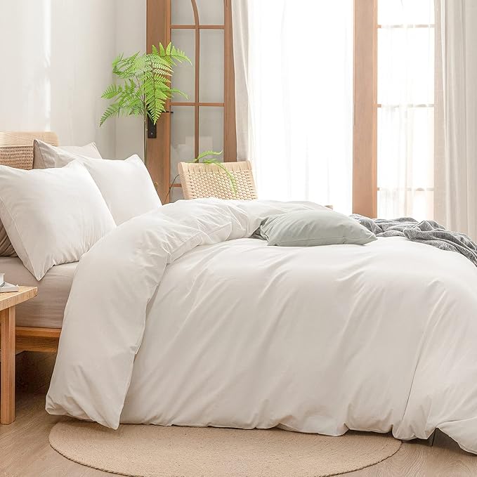 BESTOUCH Duvet Cover Set 100% Washed Cotton Linen Feel Super Soft Comfortable Chic Lightweight 3 PCs Home Bedding Set Solid Off White Super King Plus