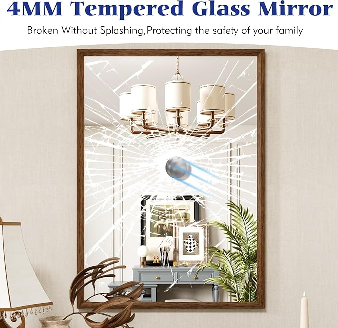 Bathroom Vanity Mirror 48x36 Inch, Walnut Rectangle Bathroom Mirror, Anti-Rust, 4MM Tempered Glass, Wall-Mounted Mirror, Hangs Horizontally or Vertically for Bathroom & Bedroom