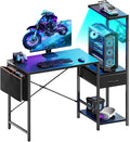 Bestier Gaming Desk with LED Lights, 44 Inch Reversible Computer Desk with Drawers & Storage Shelves for Small Spaces, PC Gamer Table with Storage Bag & Side Hook, Black