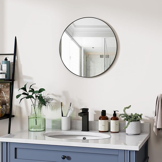 Black Round Bathroom Mirror, 20 inch Circle Wall Mounted Hanging Mirror with Simple Modern Circular Metal Frame for Hallway, Entryway, Living Room, Black Frame