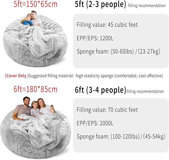 (No Filler) Bean Bag Chair Cover Without Filler,Big Round Soft Fluffy PV Velvet Washable Bean Bag Lazy Sofa Bed Cover for Adults,Living Room Bedroom Furniture Outside,5ft Snow Grey