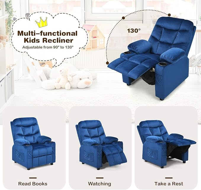 Costzon Kids Recliner Chair with Cup Holder, Adjustable Velvet Lounge Chair w/Footrest & Side Pockets for Children Boys Girls Room, Ergonomic Toddler Furniture Sofa Gifts, Kids Recliner (Blue)