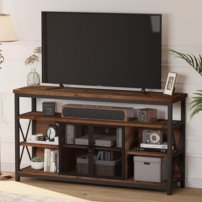 BON AUGURE Tall TV Stand for TVs up to 65 Inch, Industrial Wood Entertainment Center with Storage Cabinet, Farmhouse TV Media Console for Living Room and Bedroom (32 Inch High, Rustic Oak)